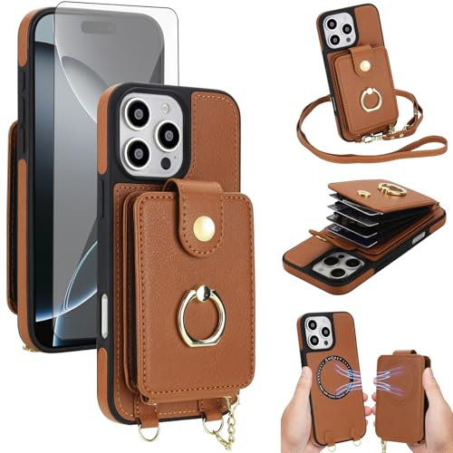 Asuwish Phone Case for iPhone 16 Pro Max 6.9 inch Wallet Cover Detachable and Screen Protector Ring Kickstand Compatible with MagSafe RFID Blocking i Phone16 16Pro i16 ProMax 16ProMax for Women Brown
