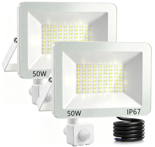 50 W LED-Außenstrahler mit Bewegungsmelder, 2 Stück, IP67, wasserdicht, LED-Spot für den Außenbereich, mit Detektor, 5000 lm, Kaltweiß, Sicherheitsbeleuchtung für den Außenbereich, für Patio, Garage