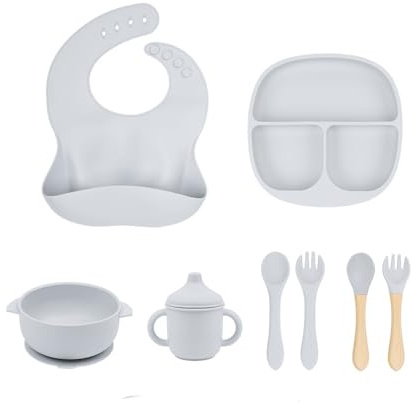 Set Repas Bébé Premium 8 Pièces – Silicone Alimentaire, Antidérapant et Incassable – Assiette, Bol, Bavoir et Couverts