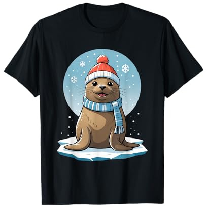 Süße Robbe mit Wintermütze und Schal – Schneeflocken Cartoon T-Shirt