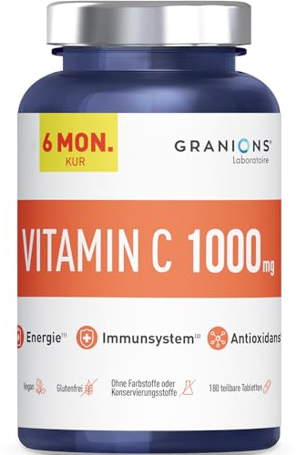 Vitamin C 1000 mg – Vitamin C Hochdosiert, 6 Monate, 180 Tabletten, Vegan | Vitamin Supplements für Erwachsene – unterstützt Immunsystem, Energiestoffwechsel & Zellschutz – Granions
