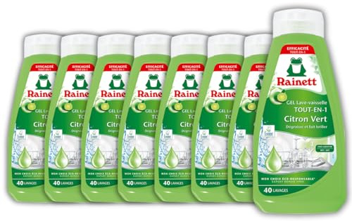 RAINETT - Gel Lave-Vaisselle Tout-en-Un au Citron Vert - Résultat Brillant, Sans Traces - Flacon 100% PET Recyclé - Ecolabel - 650ml - Pack de 8