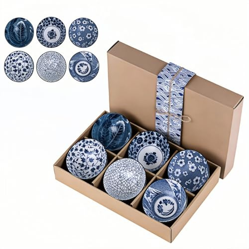 Koimiao Japanese Style Ceramic Dipping Bowls Set of 6 with Gift Box, 300ml/10 Oz Porcelain Snack Bowls for Tapas, Sushi Soy Sauce, Rice Soup, Dessert, and Ice Cream (Blue-6Pack)