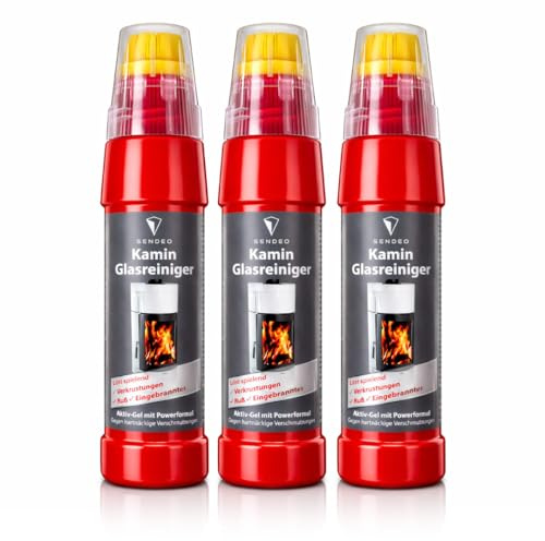 Kaminscheibenreiniger Gel SENDEO – Entfernt Ruß, Fett & Eingebranntes – Tropffrei mit Bürste – Für Kamin, Ofen, Grill & Backofen (3 x 200 ml)