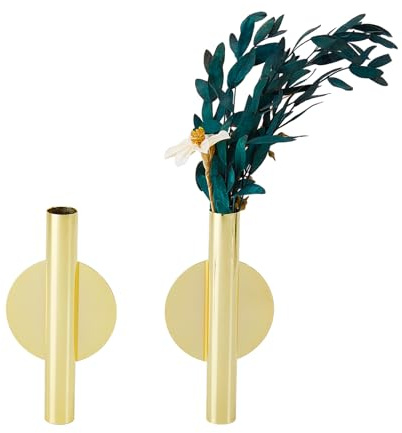 NICENEEDED 2 PCS Wall Vases for Flowers, Gold Flower Vase Metal Hanging Plant Holder Small Gold Vase Flowers Tube, Wall Planter Hanging Vase for Modern Home Decor Display Dried Faux Flower