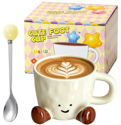 Foreverup Cute Coffee Mug with Feet, 325ml Novelty Tea Cup, Funny Ceramic Tea Cup with Spoon, Creative Handcrafted Coffee Mug Gift for Birthday, Women Men, Home, Office, Decoration