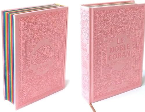 Noble Coran avec Pages Arc-en-Ciel (Rainbow) - Bilingue (Fr/Ar) - Couverture Daim Rose Clair