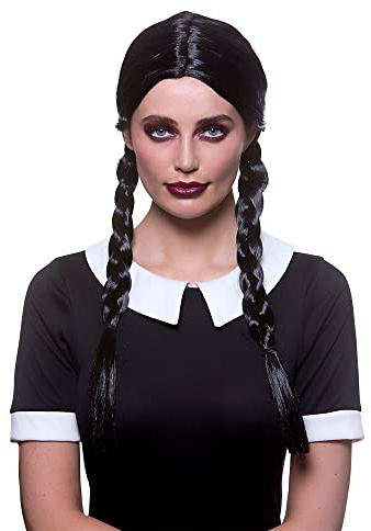 Wicked Costumes Black Braided Pigtail Wig for Women, Halloween Costume | Black braided pigtail wig with centre parting for gothic schoolgirl, spooky doll, Halloween and fancy dress costumes.