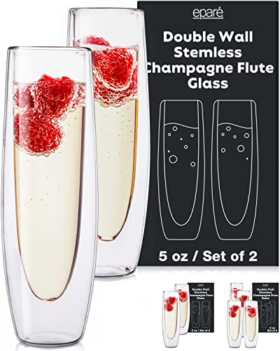 Flûtes à champagne Eparé, ensemble de verres à paroi isolante, sans pied (5 oz, 150 ml) – flûte pour vin de déjeuner & cocktails de mariage – verres réutilisables – 2 verres