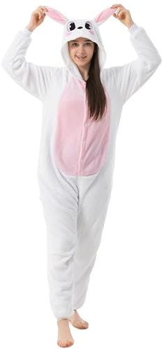 Katara Hase rosa/weiß Kostüm-Anzug Onesie/Jumpsuit Einteiler Body für Erwachsene Damen Herren als Pyjama oder Schlafanzug Unisex - viele Verschiedene Tiere