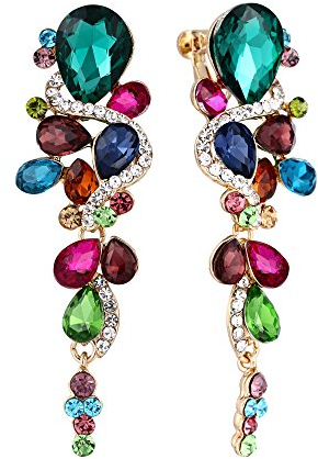Clearine Pendientes de mujer Bohemio Boho Cristal Boda Nupcial Lotes de gota Araña Tornillo Atrás Clip-On de clip de oreja colgantes Color esmeralda Tono dorado