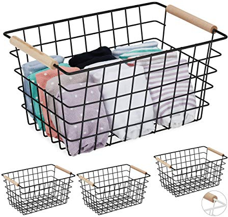 4 x Drahtkorb, Holzgriffe, rechteckig, Gitter Design, Kleidung, Accessoires, Metallkorb, HBT: 16x31x21 cm, schwarz
