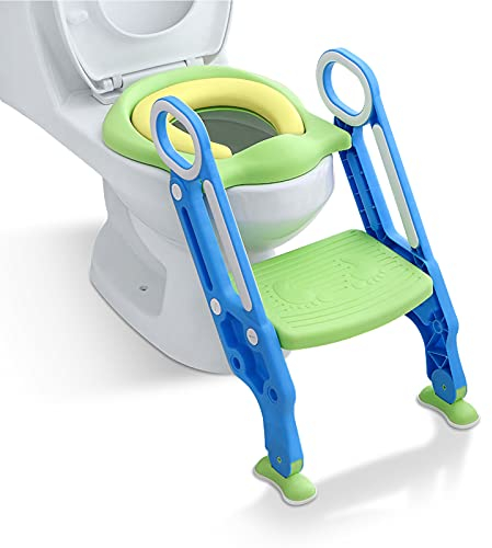 LZQ Toilettensitz Kinder mit treppe für 1-7 jährige, Töpfchentrainer mit PU Kissen und Griffen, Toiletten-Trainer, Kinder-Töpfchen mit Leiter rutschfest Klappbar Höhenverstellbar - Grün