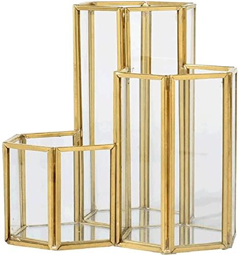 XIEAE Bleistiftbecher Glas Stiftehalter Hexagonal Kupfer Bar Stifthalter mit 3 Fächern, Große Kapazität Make-up Pinselhalter Aufbewahrung Rack Aufbewahrung