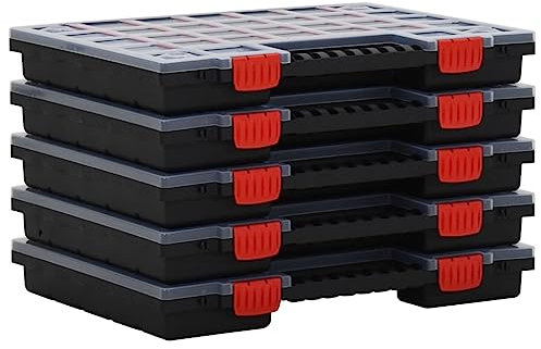 vidaXL 5-Pack Polypropylene Tool Organisers - Assorted Compartments, Transparent Lid, Handle, Durable Screw/Nail Storage Boxes, 40x30x5 cm