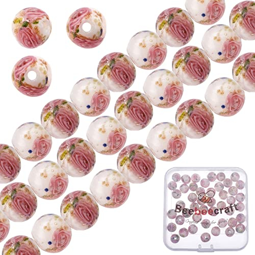 Beebeecraft 50 Pieza de Cuentas de Cristal de Murano de 8.(079) in, Arena Dorada, Cuentas Espaciadoras Sueltas Redondas con Incrustaciones de Flores para Hacer Pulseras, Collares, Rosarios (Blanco)