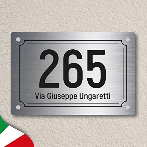 Numero civico personalizzato inciso a laser su laminato plastico, per esterno, 3 misure, vari colori e cornici. (ARGENTO)