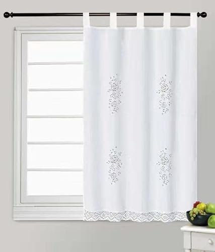 HaraDeco 1 Pieza Cortina Cocina 100x150cm, Flores Bordado Calado, Visillo Combinado Crochet, Cortina Tela Lino Elegante para Ventana(100x150cm, Calado Blanca)
