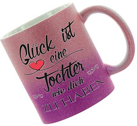 Crealuxe Glitzertasse (Pink-Purple) 'Glück ist eine Tochter wie dich zu haben' personaliert, Kaffeetasse, Bürotasse