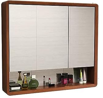 LXP Runder Eck-Badezimmerspiegelschrank aus massivem Holz, wandmontierter Spiegelfrontschrank, Badezimmerspiegel, mit Regal 60 cm