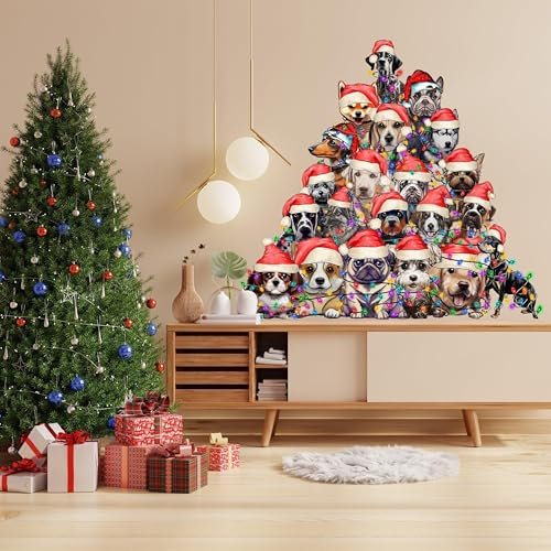 Adesivo da parete a tema cane con albero di Natale – Decalcomanie da parete a tema cane per vacanze 197 x 182 cm