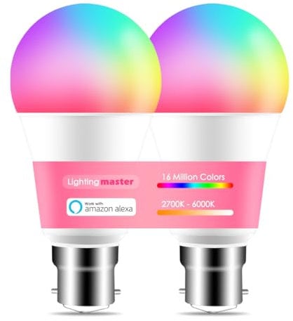 Lighting master Light Bulb 12W for Alexa, Bluetooth Smart Bulb Colour Changing, 16 Million RGB Colours + Warm White to Daylight Dimmable(1280LM), B22 Bayonet Led Bulbs by APP & Voice Control (2 Pack)