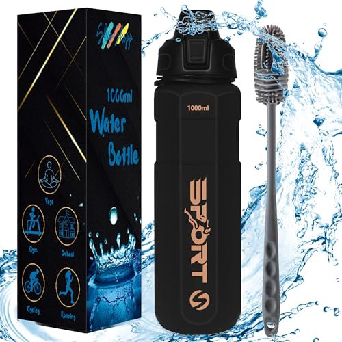 Shipshopp Water Bottle 1l Leakproof Sports Water Bottle with Straw and Cleaning Brush - BPA Free Smell Proof Drinks Bottle for Running, Gym, Camping, Hiking, School, Cycling, Office, Outdoor - Black