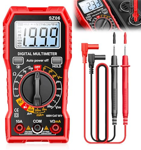 Multimetro digitale, tester di tensione 600 V, voltmetro, tester di continuità, tensione, misuratore di corrente, con supporto pieghevole e linee di misurazione per tensione AC/DC, corrente DC,