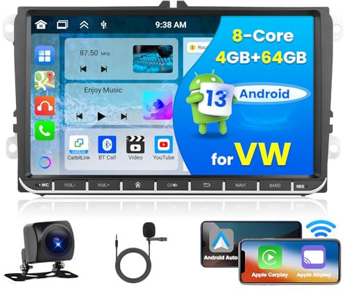 4+64G Hikity Android Radio de Coche Carplay Wireless Android Auto para VW Golf 5 6 Polo Touran Passat Tiguan Jetta Seat con Navegación GPS Pantalla Táctil 9 Pulgadas Bluetooth FM RDS Cámara Trasera