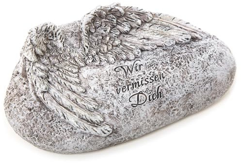 Logbuch-Verlag Gedenkstein Grabschmuck Wir vermissen Dich mit Engelsflügeln Kleiner Grabstein Allerheiligen Deko grau Silber 20 x 11,5 x 7 cm