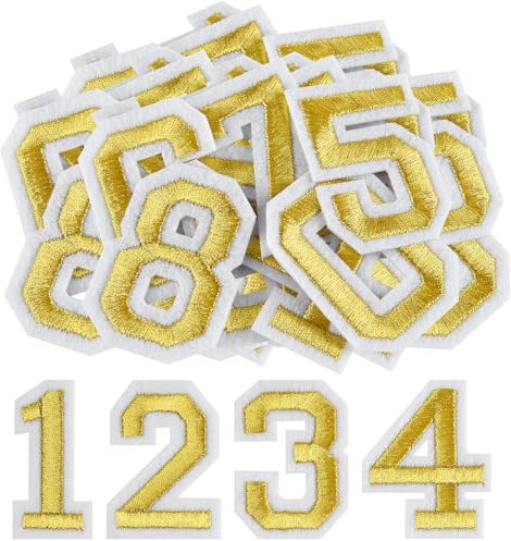 Morcheiong 40 Pcs Iron on Number Patches 0-9, 2 Inch Iron on Embroidered Numbers for Clothing, Pants, Hats, Bags- Gold