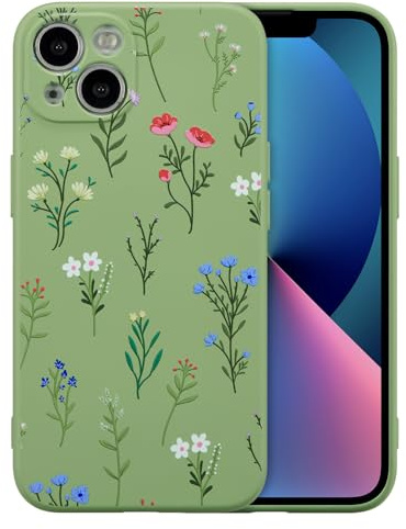 RALEAVO Case for iPhone 13, Cute Flower Silicone Slim Cover, Green/Daisy | For iPhone 13 Liquid Silicone Phone Case, for Girls Women Aesthetic Flowers Shockproof Protective Soft Cover