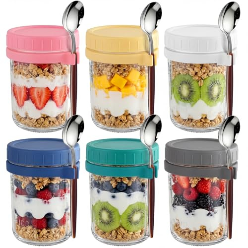 Otauoaea Lot de 6 Overnight Oats Jar 400ml avec Cuillere - Pot Overnight Oat Verre - Bocaux en Verre Hermétique - Bocal Gradué pour Meal Prep, Chia Pudding, Avoine Nuit, Salade, Yaourt