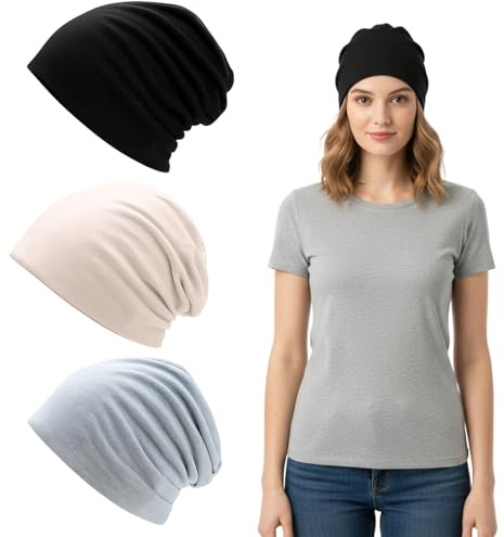 JqruiTbeis Kopfbedeckung Chemo, Chemo Kopfbedeckung Damen, 3er Set Mützen In Schwarz, Hellgrau Und Beige, Weiches Material, Bequemes Design