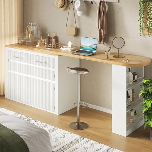 KOMHTOM Table de Bar Extensible avec Espace de Rangement, Meuble Bar avec 2 Portes en Verre, Rotation Libre à 360 °, étagères latérales (Blanc-3)