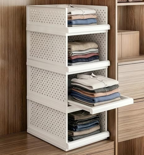 Enjinkail 4 Pack Wardrobe Storage Organiser, Stackable Closet Basket with Pull-Out Tray, Large Plastic Storage Drawers for Clothes, Bedroom, Bathroom, Living Room (32.5×42.5×81.5cm)