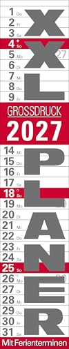 XXL Planer Großdruck rot 2027: Streifenkalender mit Datumsschieber, Ferienterminen, Spiralbindung und extra großer Schrift I schmal im Format: 17 x 85 cm
