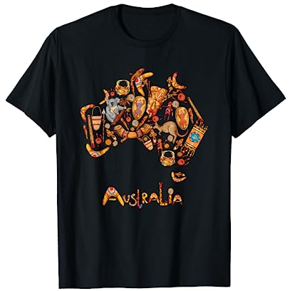 Travel Teez Australien Karte Koalas Kangaroos Bumerangs Sydney Opera T-Shirt Schwarz S Unisex Erwachsene Kurzarm Klassische Passform