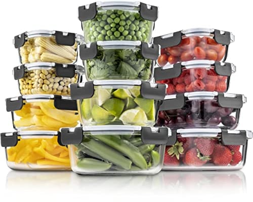 FineDine Airtight Glass Storage Containers with Hinged Locking Lid BPA Free for Meal Prep/Moving/Freezer/Oven