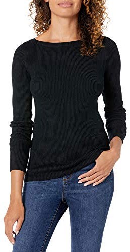 Amazon Essentials Women's Lightweight Ribbed Long-Sleeve Boat Neck Slim-Fit Jumper, Black, M