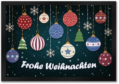 trendaffe - Frohe Weihnachten Fußmatte mit Christbaumkugeln Motiv Kugeln Tannenbaum Schnee