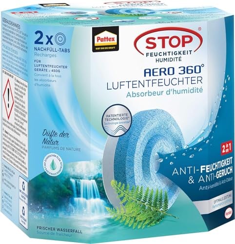 Pattex AERO 360° Frischer Wasserfall Tabs Nachfüllpack, reduzieren Feuchtigkeit und schlechte Gerüche, Nachfülltabs für den Luftentfeuchter AERO 360°, 2er-Pack (2x450g)
