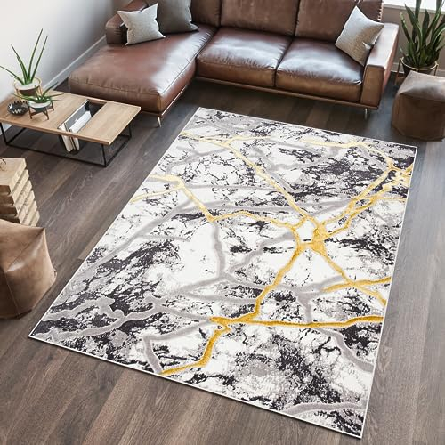 TAPISO Shine Teppich Kurzflor Creme Grau Hellgrau Gold Marmoreffekt Wohnzimmer Schlafzimmer 3D Optik Modern Design ÖKOTEX 300 x 400 cm
