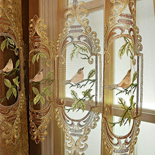 SLOW SOUL 2er Set Gestickte Vögel Gardinen für Wohnzimmer Schlafzimmer Esszimmer Gardinen High End Gardine mit Stangentasche braun Tüll 124 x 244 cm (B x H)