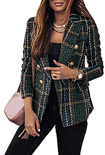 Onsoyours Donna Manica Lunga Colletto Cappotto Elegante Ufficio Business Blazer Top A Quadri Slim Fit Giacca con Pulsante Corto OL Tailleur Giacca (M, A ArmyGreen)