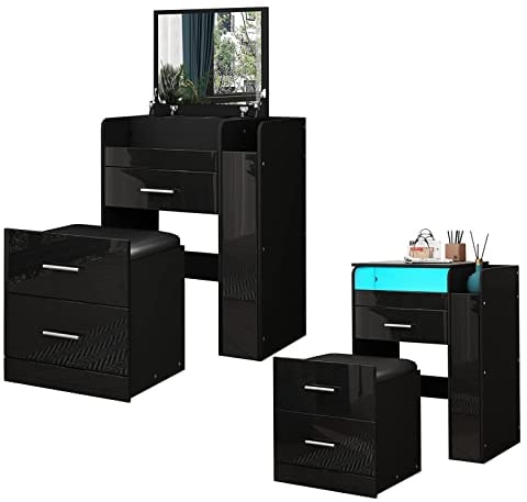AWOOOD Black Dressing Table Vanity Set with LED Lights Flip Up Mirror Makeup Desk with Table 3 Drawers & Cushioned Stool for Bedroom Living Room