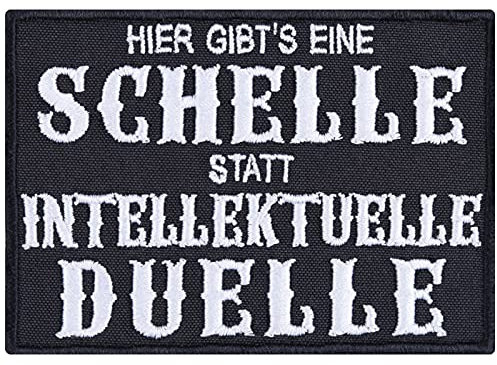 Heavy Metal Aufnäher Hier gibt's eine Schelle statt intellektuelle Duelle Aufbügler Biker Patch/Bügelbilder Rocker Sticker Geschenk DIY Applikation für alle Stoffe | 90x65mm