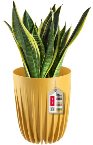 KADAX Pot de Fleurs Moderne en Plastique - Motif Géométrique, Rond avec Insert - Naturel pour l'Extérieur (∅ 25 cm, Jaune Foncé)