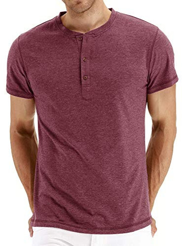 NITAGUT Mens Fashion Casual Front Placket Basic Short Sleeve Henley T-Shirts Tops(XL,Vg-Red)