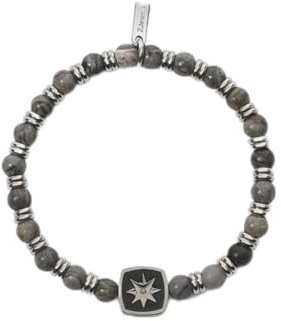 2Jewels - Bracciale in acciaio 316L con elemento con PVD nero 12x12 mm e rosa dei venti 8.5x8.5 mm, sfere in agata grigia Ø 6 mm e cristallo Ø 1.5 mm, lunghezza 20 cm